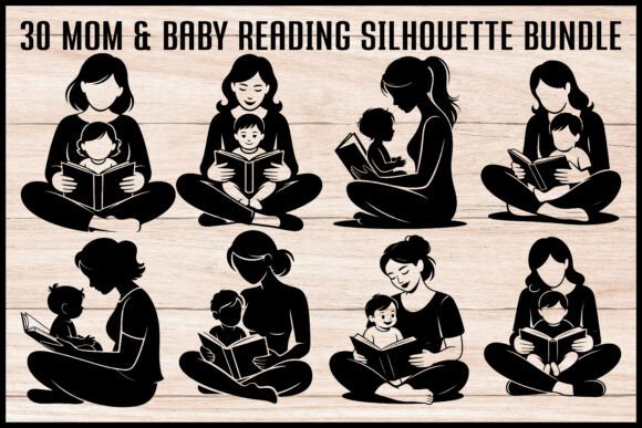 30 Mom Baby Reading Silhouette Bundle