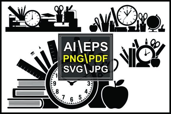Black School Supplies with Clocks Books: A Modern Graphic Asset for Content Creators