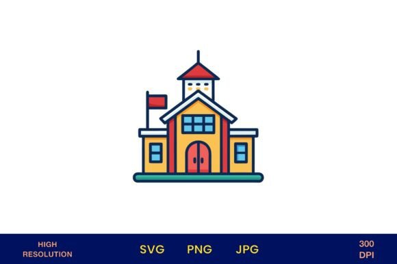 Bright School House Icon in Flat Vector: A Vibrant Graphic Asset for Local Business Branding
