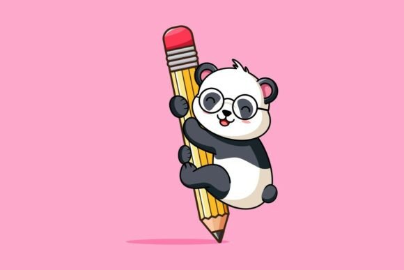 Cute Panda with Glasses Hugging a Pencil: Graphics for Creative Projects