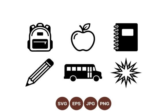 School Supplies Icon Clipart Set: A Bold Graphic Design Asset for Education-Themed Projects