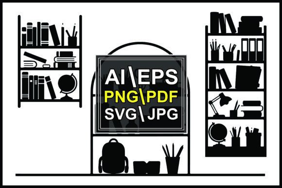 Silhouette Bookshelves School Supplies Graphic for Commercial Use
