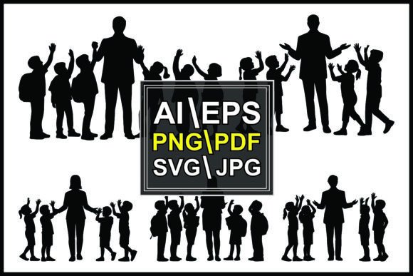 Silhouettes Children Raising Hands Group Graphics