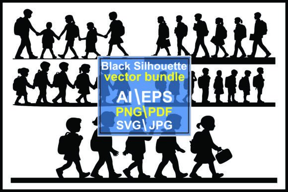 Silhouettes of Children Walking in Lines – A Versatile Graphic Design Asset