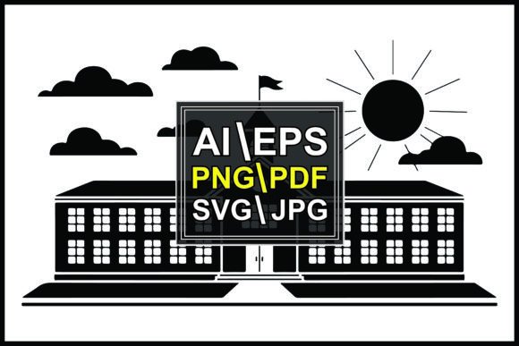 Silhouettes School Building Sun Clouds: A Versatile Graphic Design Asset for Modern Branding